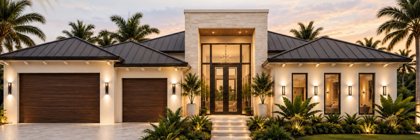 Single-story home with a stone entry tower, dark metal roofs, wood-tone garage doors and warm lighting at dusk, surrounded by palms