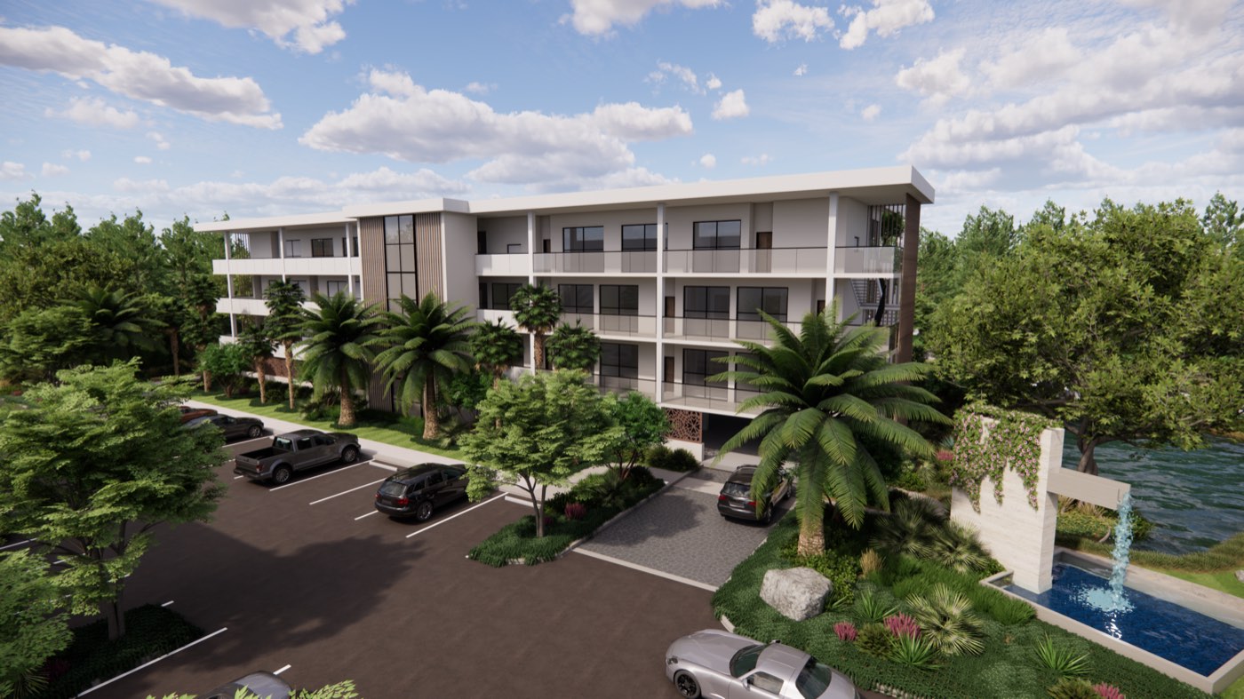 Rendering of a three-story white residential building with long balconies, palm trees, a parking court and a small fountain